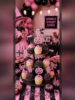 Pink and Black Glitter Halloween Cupcake Toppers 13 Count